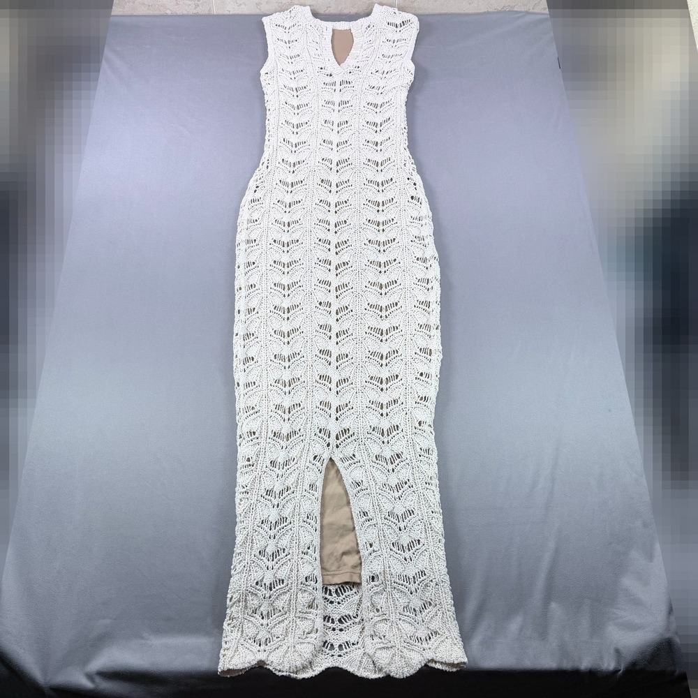 JLUXLABEL Womens L Cream Viscose Crochet Knit Sleeveless Slit Maxi Dress New